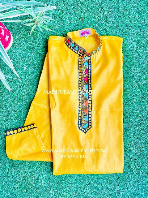 Yellow Mithila Borders Hand-painted Madhubani Men's Tussar Silk Kurta