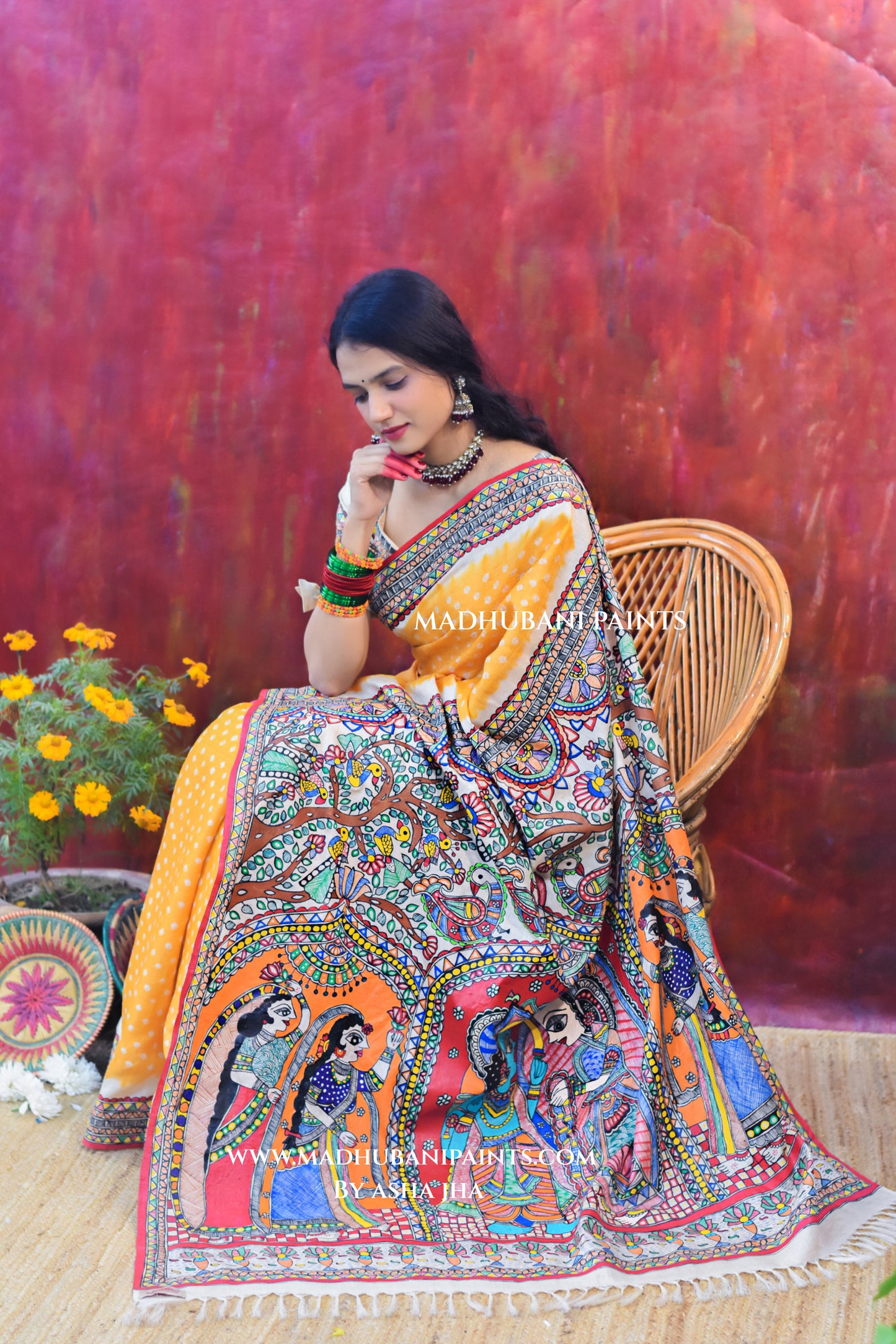 RAM SITA SWAYAMBAR Hand-painted Bandhini Tusaar Silk Saree Blouse Set