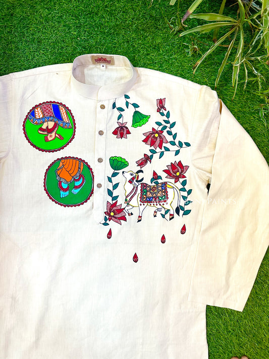 Radha Raman Nandi Hand-painted Handloom Men's Beige Cotton Kurta