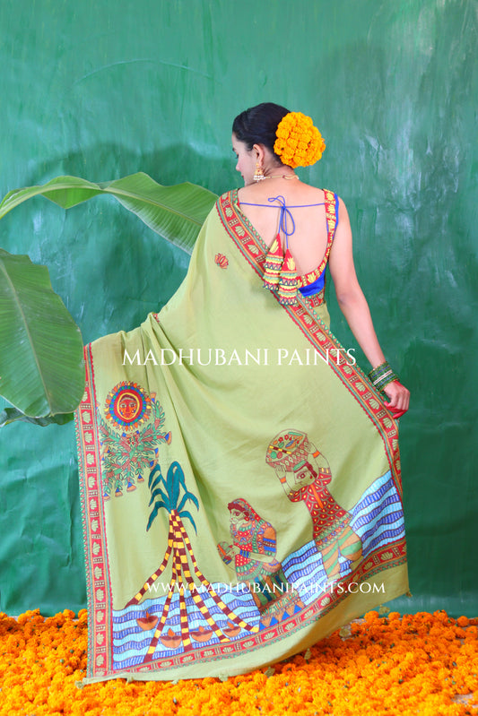 BHAKTI BHAVA Chhath Puja Hand painted Madhubani Mul Cotton Saree