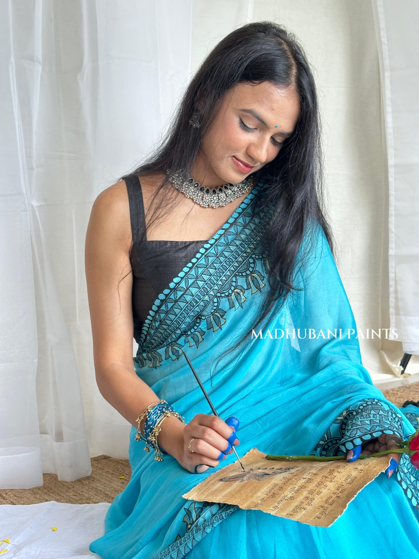 Aasmani Doli Hand-painted Madhubani Chiffon Saree