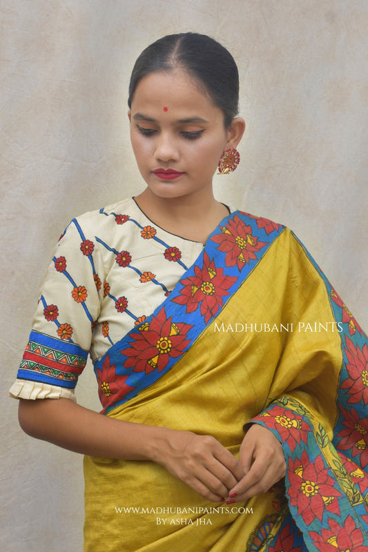 GAJANAND MATSYA' Hand Painted Madhubani Tussar Silk Saree Blouse Set