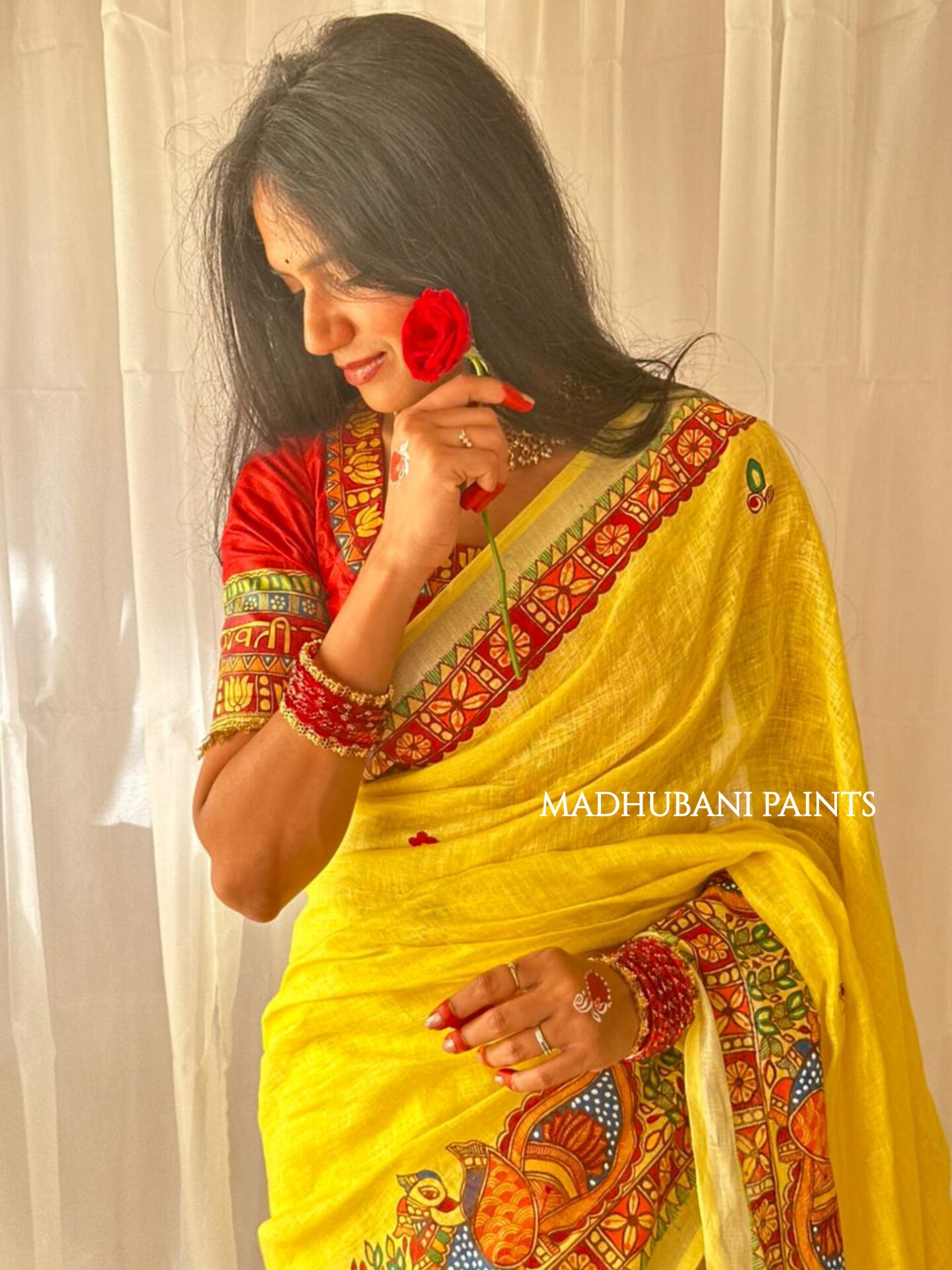 Linen Bridal Hand-painted Madhubani Painting Saree Blouse Set