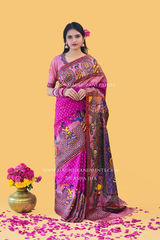 "GULABI DURGA" Handpainted Madhubani Bandhini Tussar Silk Saree