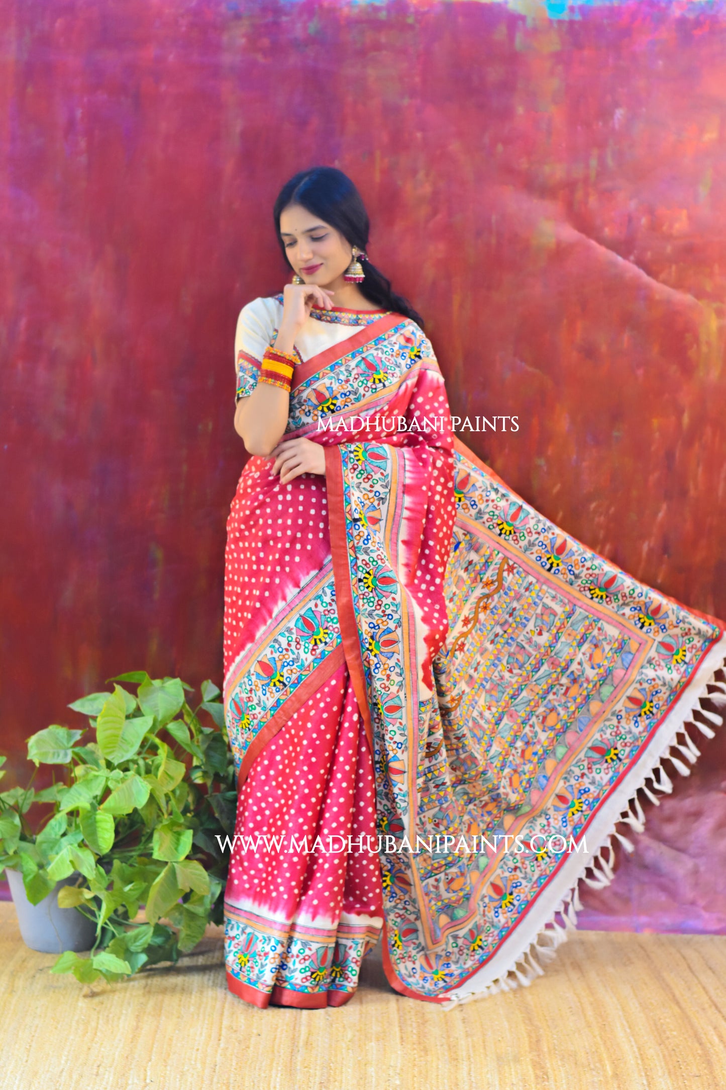LAALI Handpainted Tussar Silk Bandhini Madhubani Saree