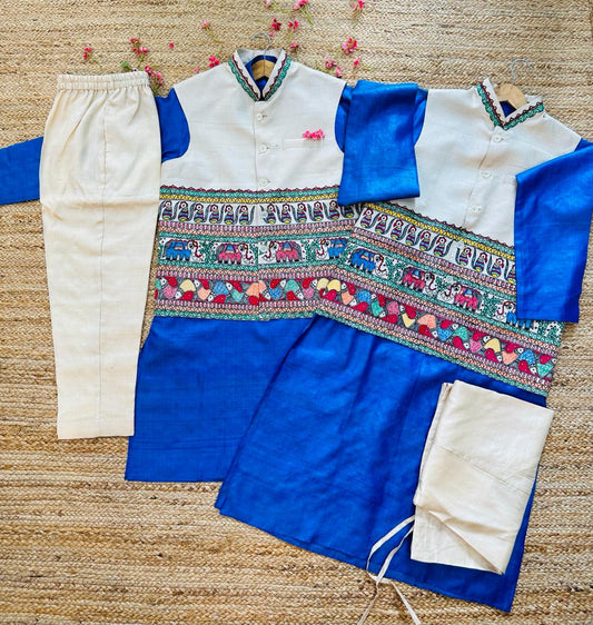 Blue Hand-painted Madhubani Men's Tussar Silk Kurta Pant Nehru Jacket Set