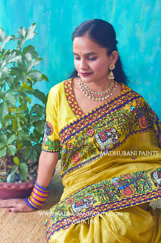 NAANDLAAL KANHAIYA Handpainted Madhubani Chanderi Silk Saree