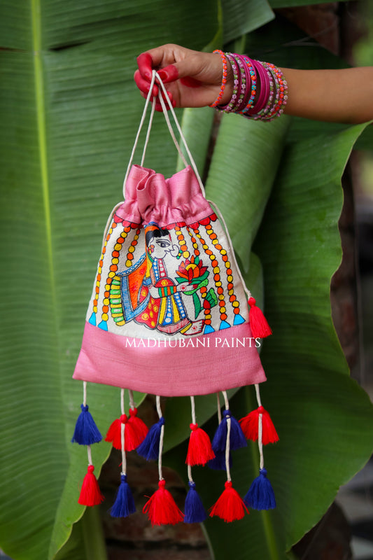 Durga Ji Ki Palki Handpainted Tussar Silk Madhubani Potli