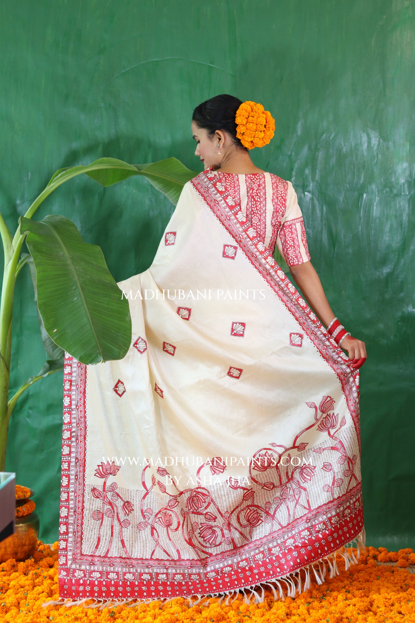 KAMALAKSHI Chhath Puja Handpainted Madhubani Tussar Silk Saree Blouse Set