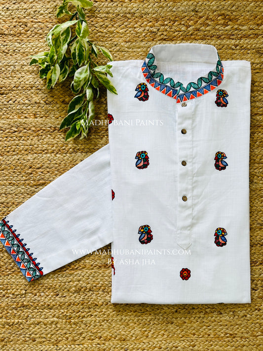 White Radha Krishna Mayuri Hand-painted Handloom Men's Cotton Kurta