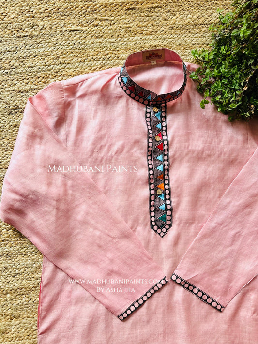 Pink Mithila Borders Men's Hand-painted  Madhubani Tussar Silk Kurta