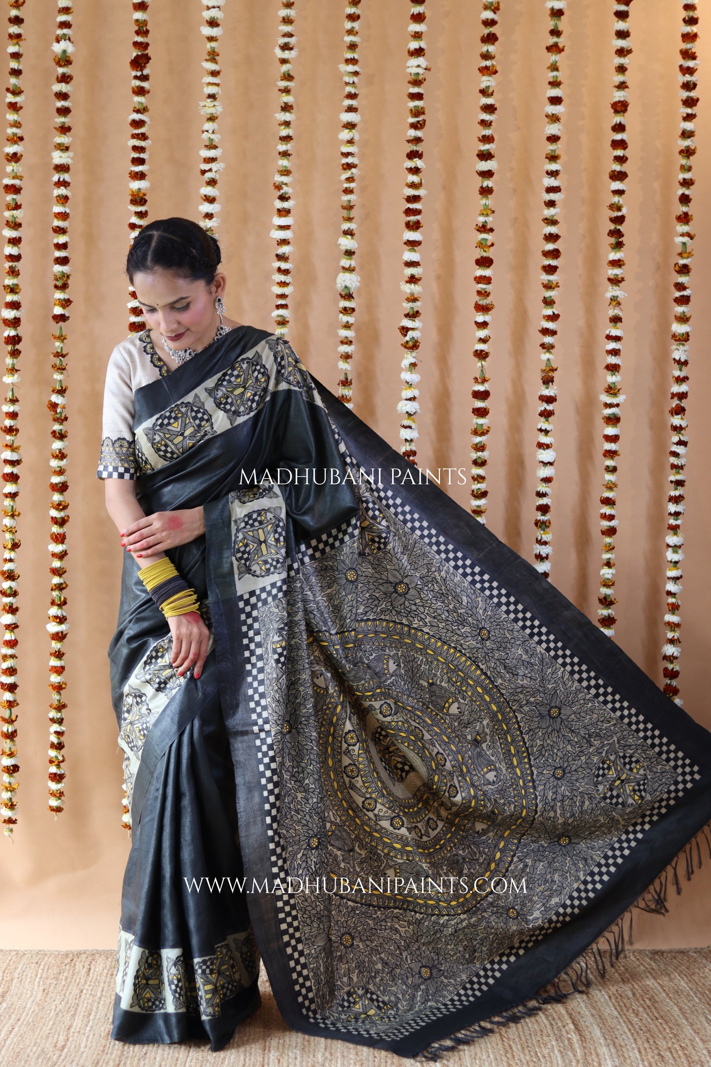 SAMUNDRAMAYI Yellow Hand-Painted Madhubani Tussar Silk Saree