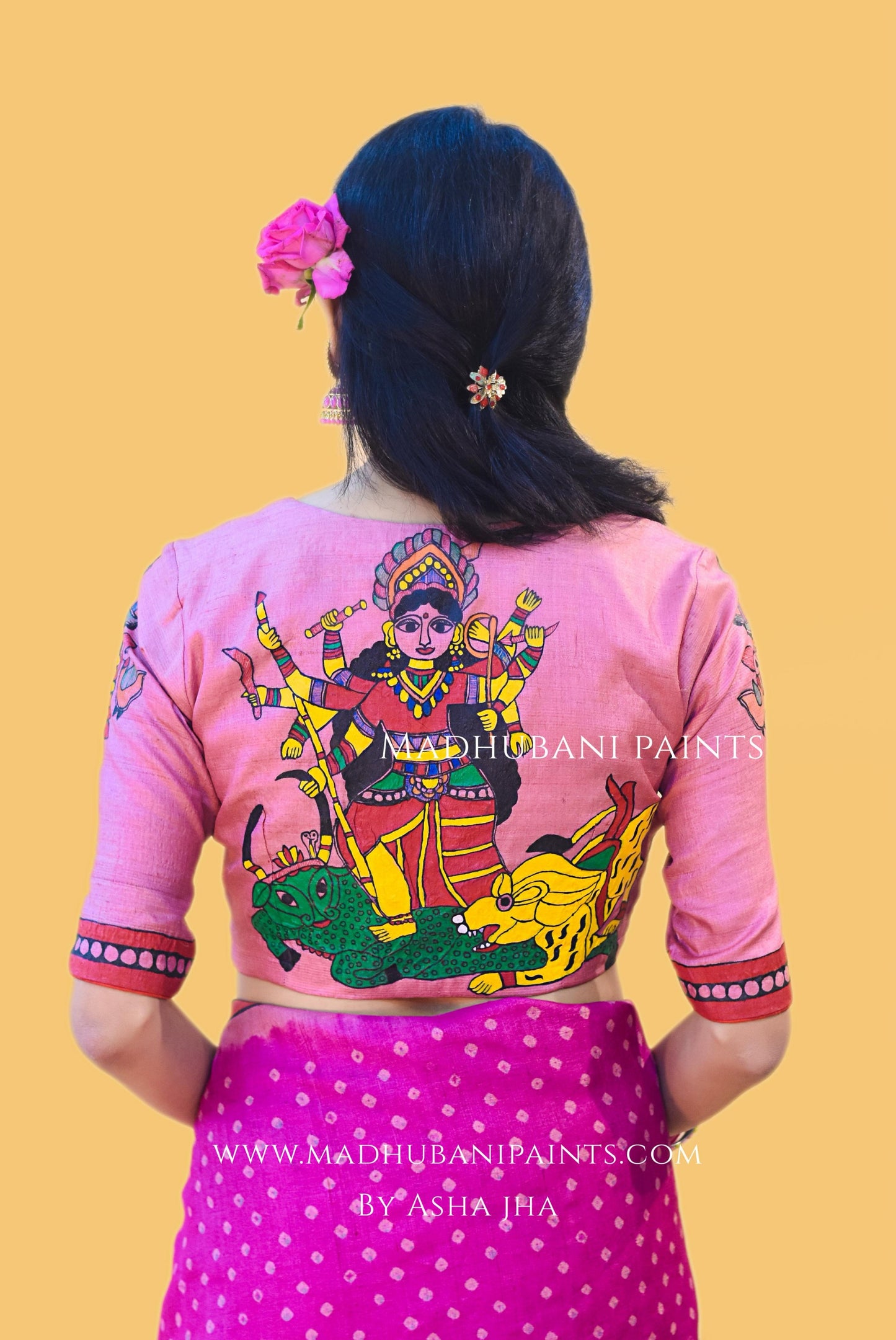"GULABI DURGA" Handpainted Madhubani Bandhini Tussar Silk Saree Blouse set