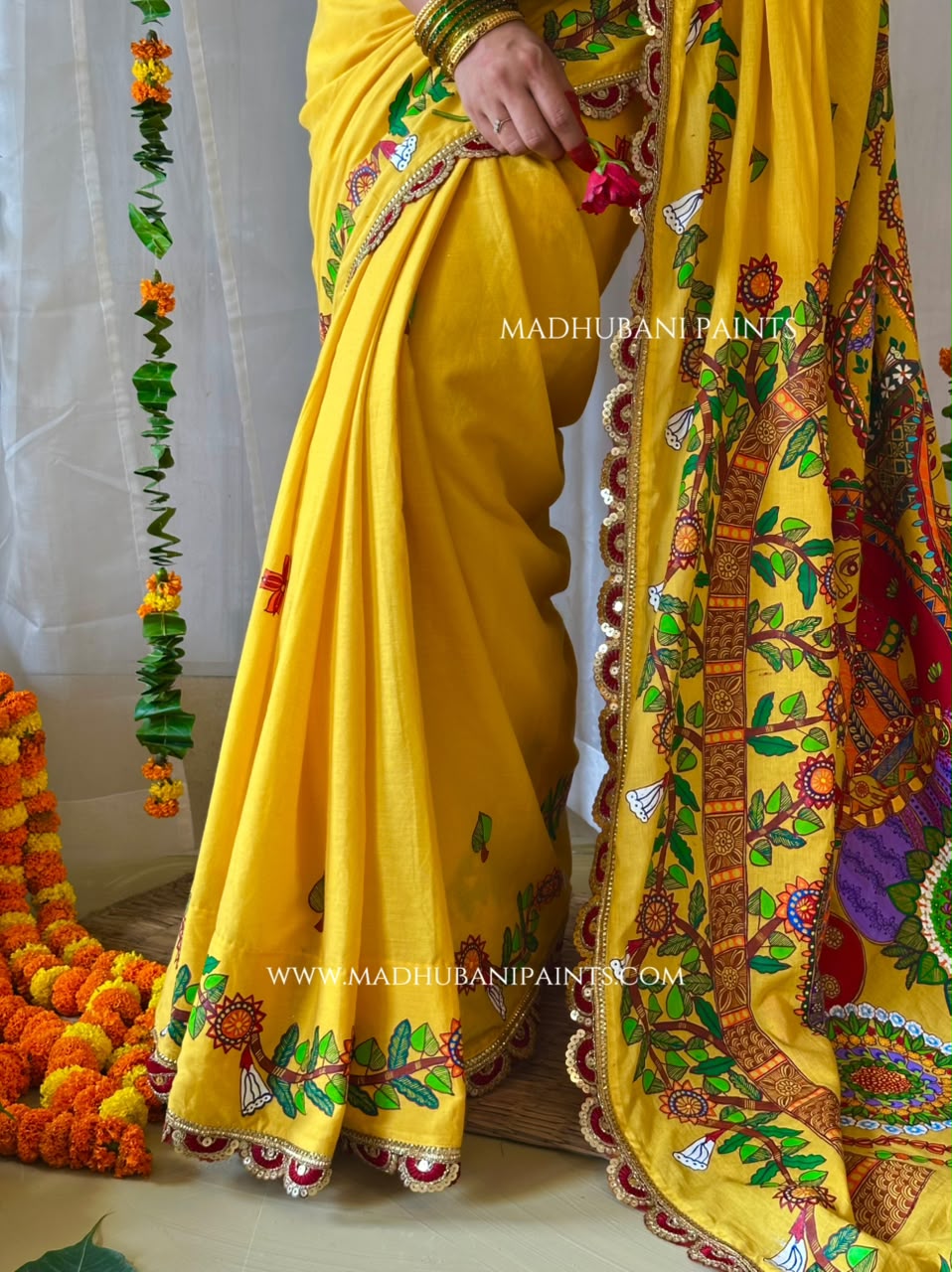 Madhushravani Yellow Bridal Hand-painted Madhubani Painting Cotton Saree