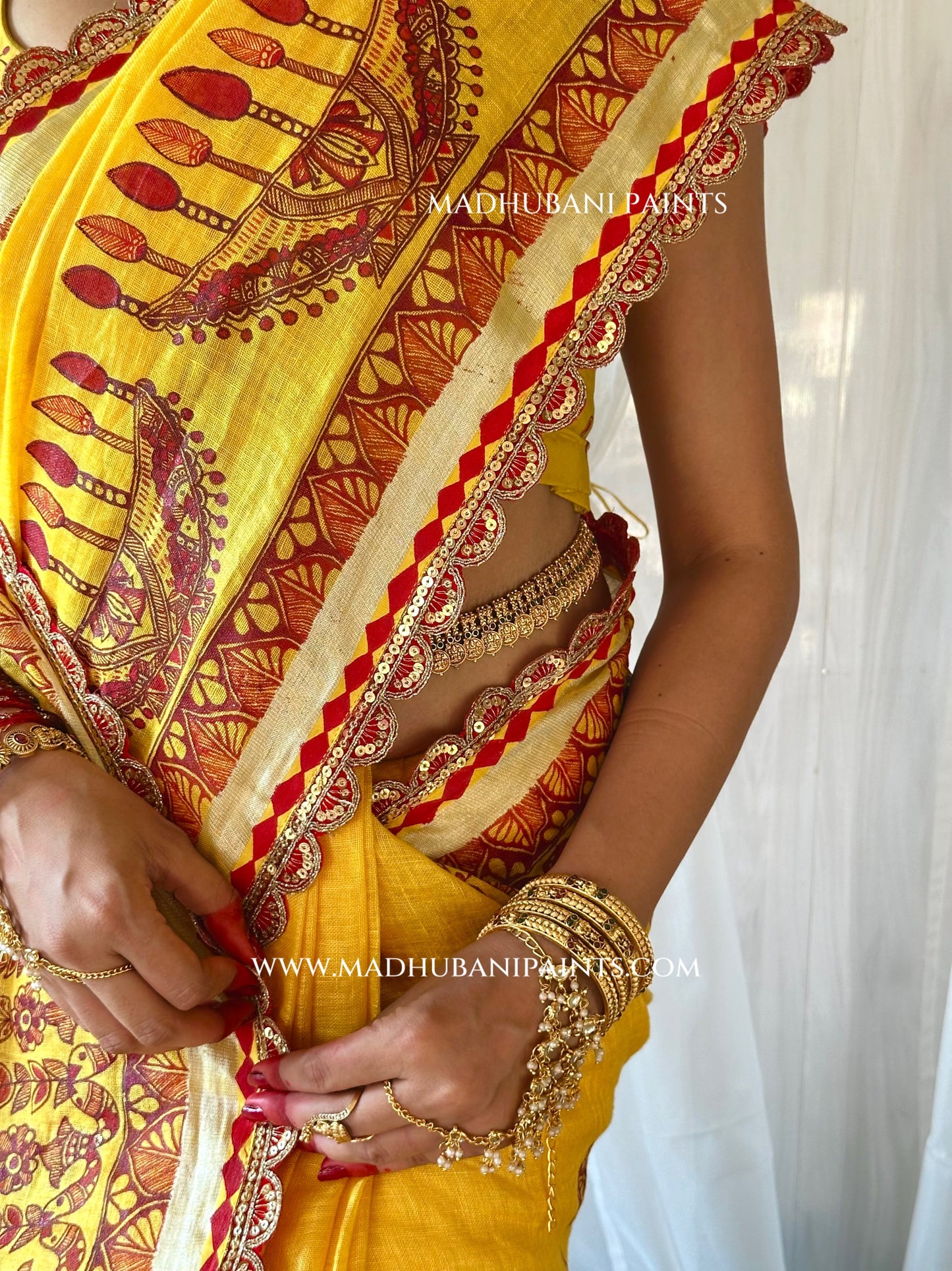 Haldi Bridal Hand-painted Madhubani Painting Saree Blouse Set