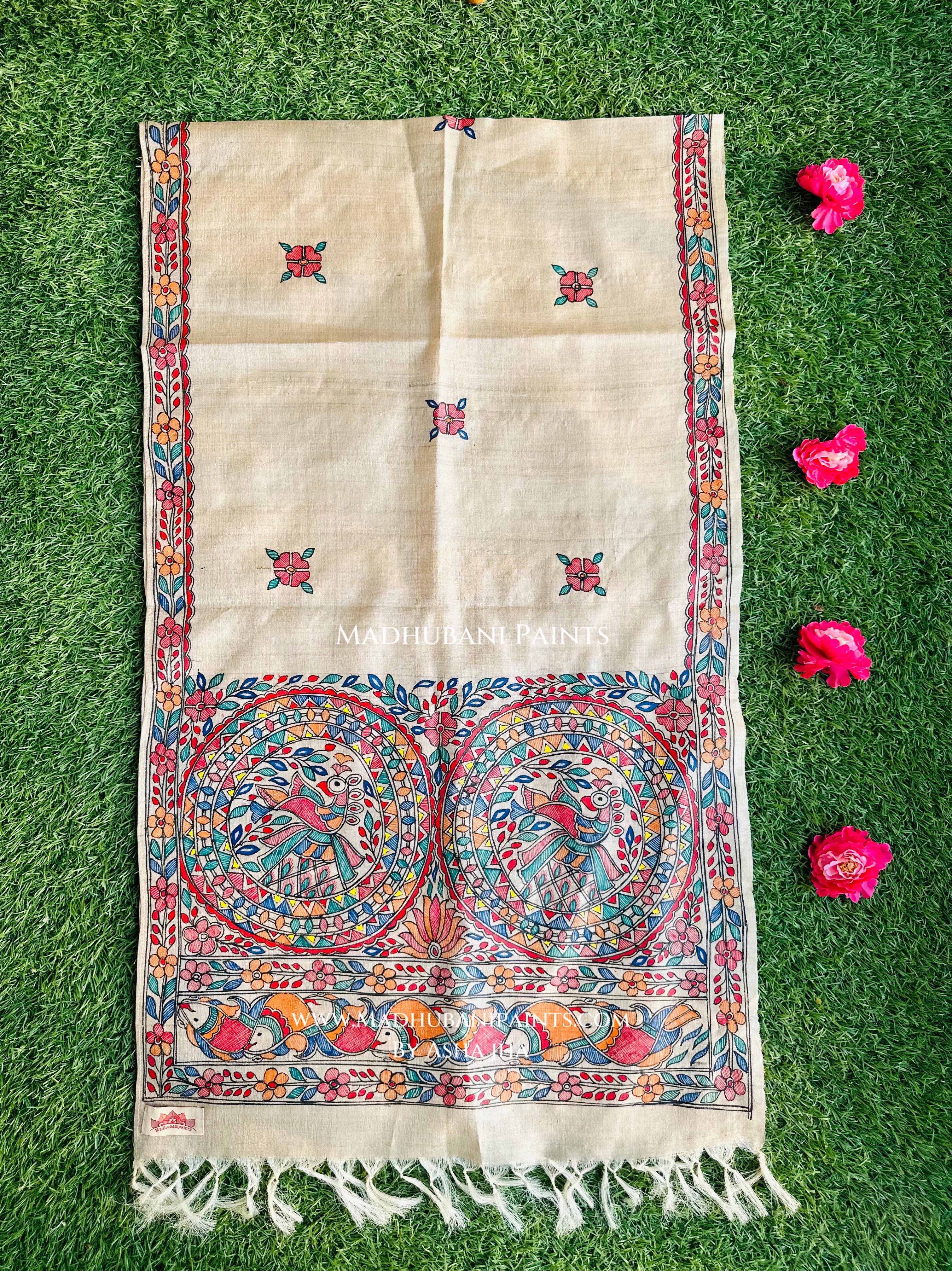 Surmai Mayur Mandala Tussar Silk Stole – MADHUBANI PAINTS BY ASHA JHA