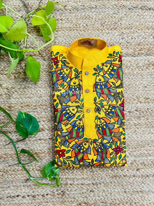 Yellow Multicoloured Fish Hand-painted Handloom Men's Cotton Kurta