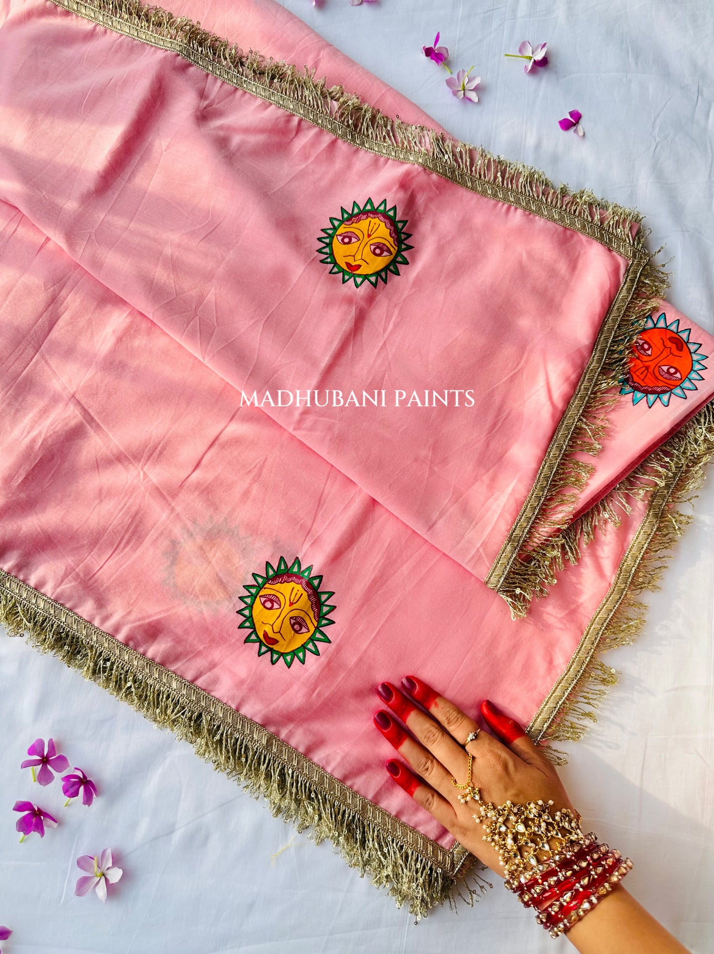 PINK SURYA Chhath Puja Handpainted Madhubani Cotton Saree Blouse Set