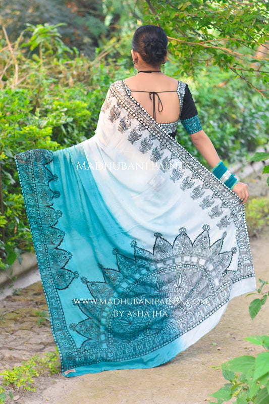 Neel Ujala Hand-painted Madhubani Chiffon Saree
