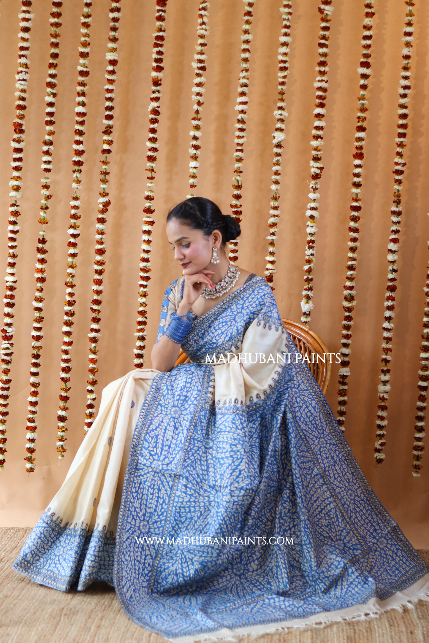 Blue Patta Handpainted Tussar Silk Saree
