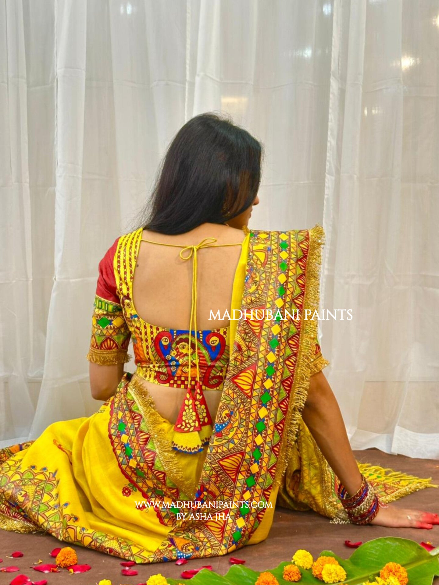MITHILA VIVAH BRIDAL Hand-painted Madhubani Tussar Silk Saree Blouse Set