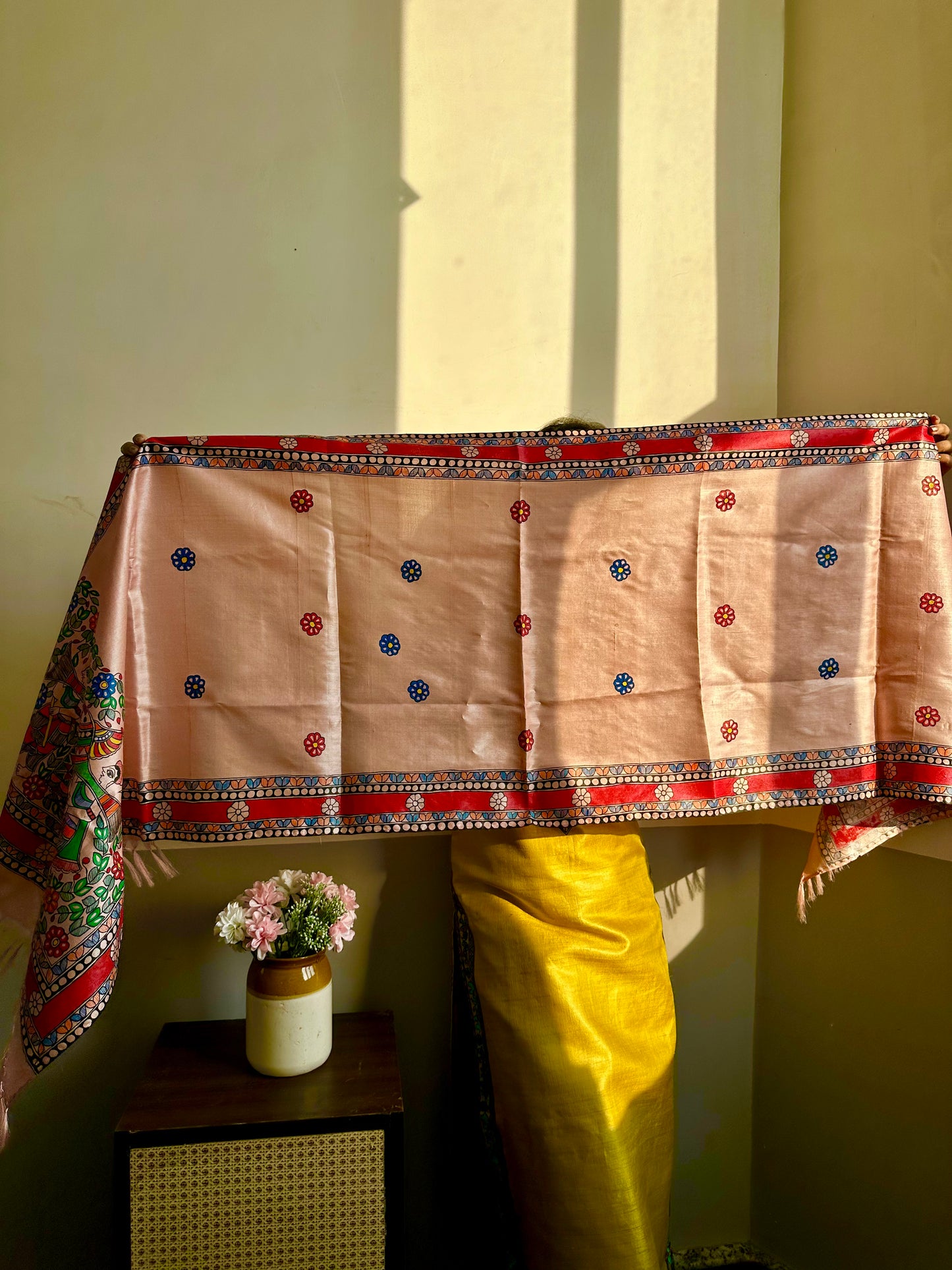 Pink Bidaai Madhubani Hand-painted Tussar Silk Stole