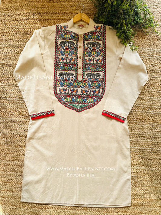 Hathi Mor Machli Hand-painted Madhubani Men's Cotton Kurta