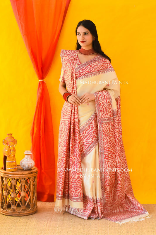 Laal Patta Handpainted Tussar Silk Saree Blouse Set
