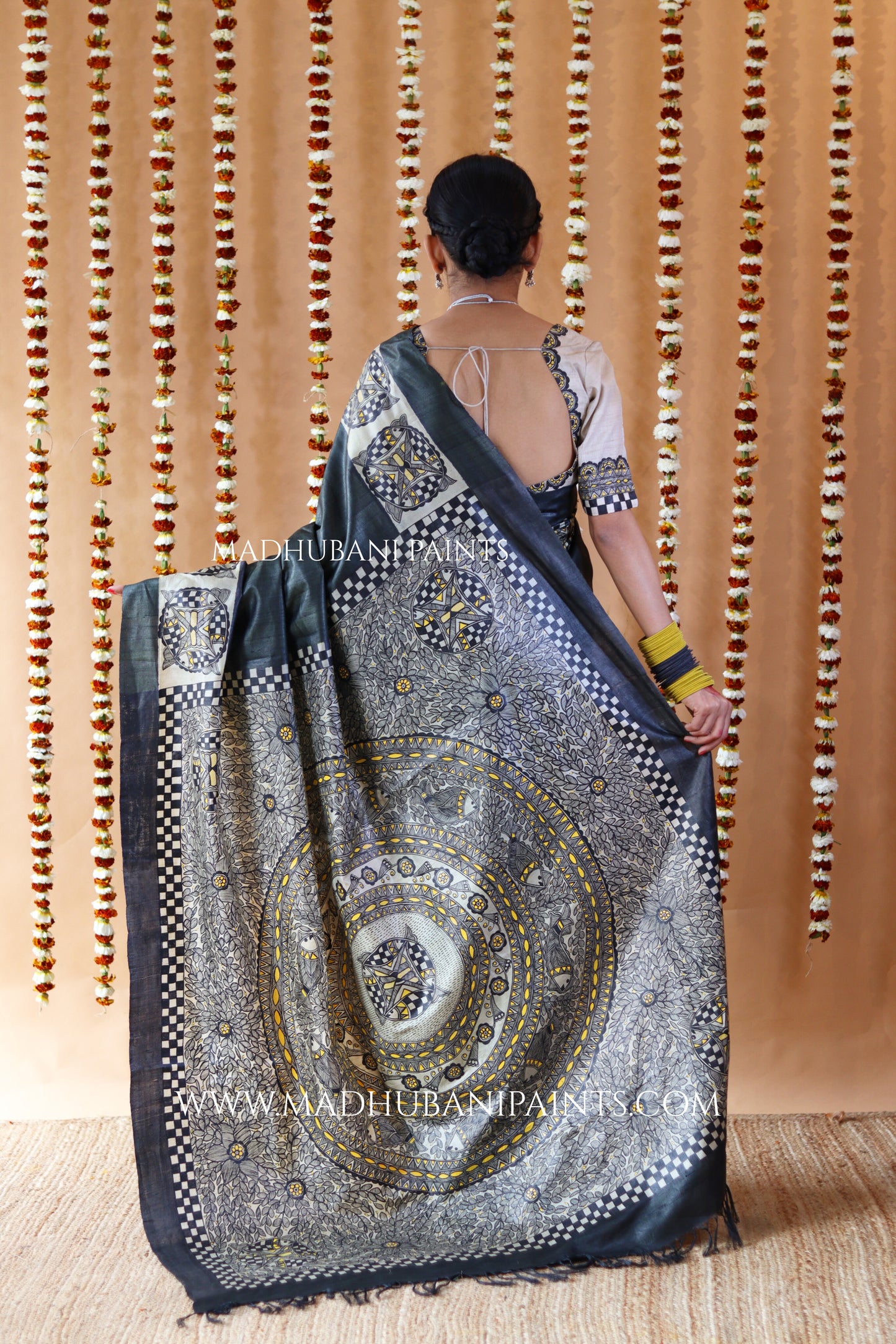 SAMUNDRAMAYI Yellow Hand-Painted Madhubani Tussar Silk Saree