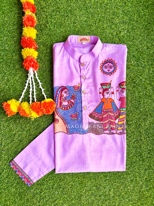 Purple Chhath Puja Hand-painted Madhubani Men's Cotton Kurta