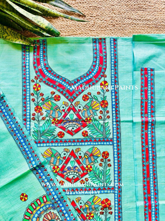Morni Hand-painted Madhubani Painting Cotton Unstitched Kurta Pant Dupatta Set