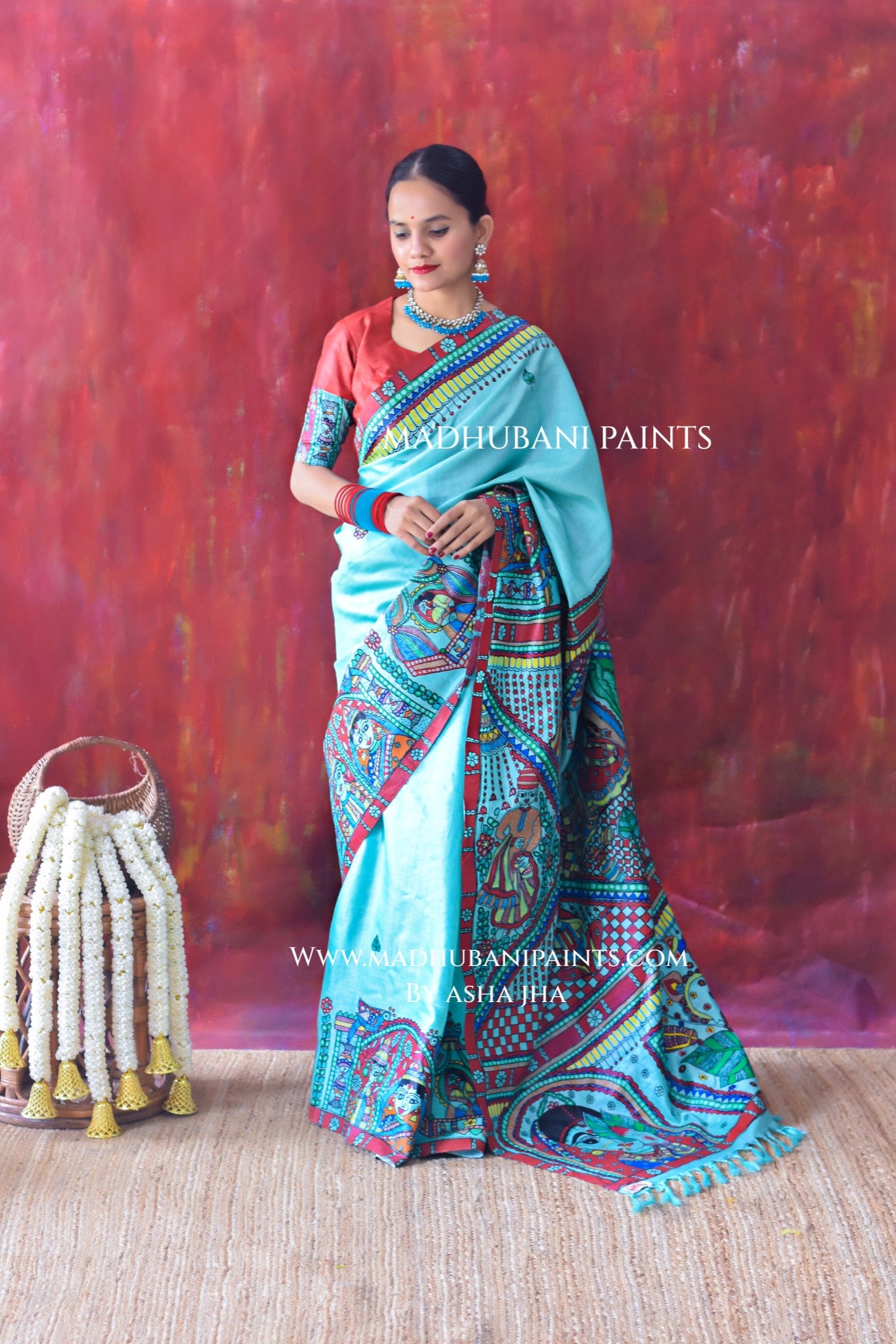 AASMANI MANGALYA Hand-painted Madhubani Tussar Silk Saree Blouse Set