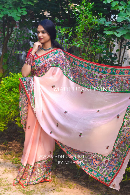 Gulabi Mor Hand-painted Madhubani Chiffon Saree Blouse Set