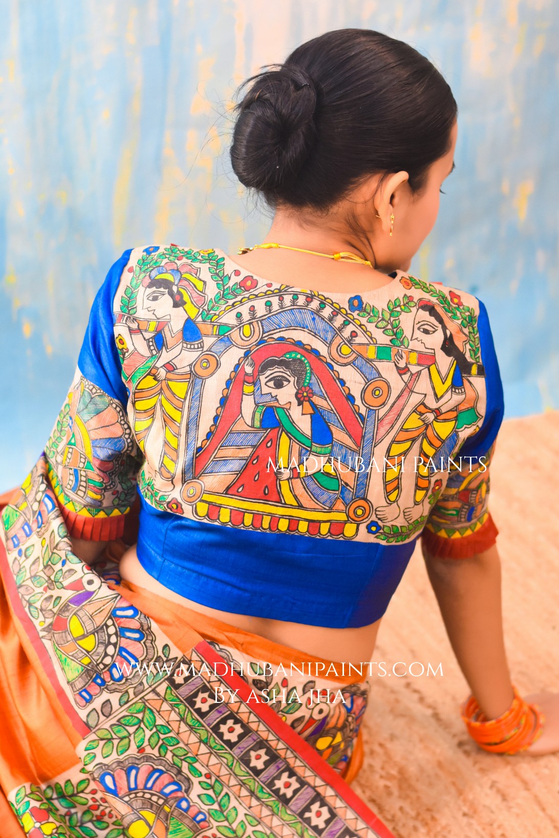 'NARANGI DOLI' Hand Painted  Madhubani Tussar Silk Blouse
