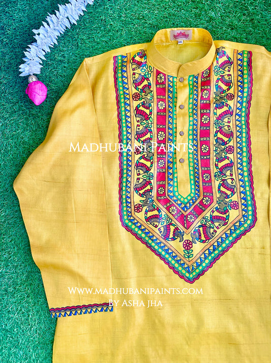 Yellow Fish Hand-painted Handloom Men's Tussar Silk Kurta
