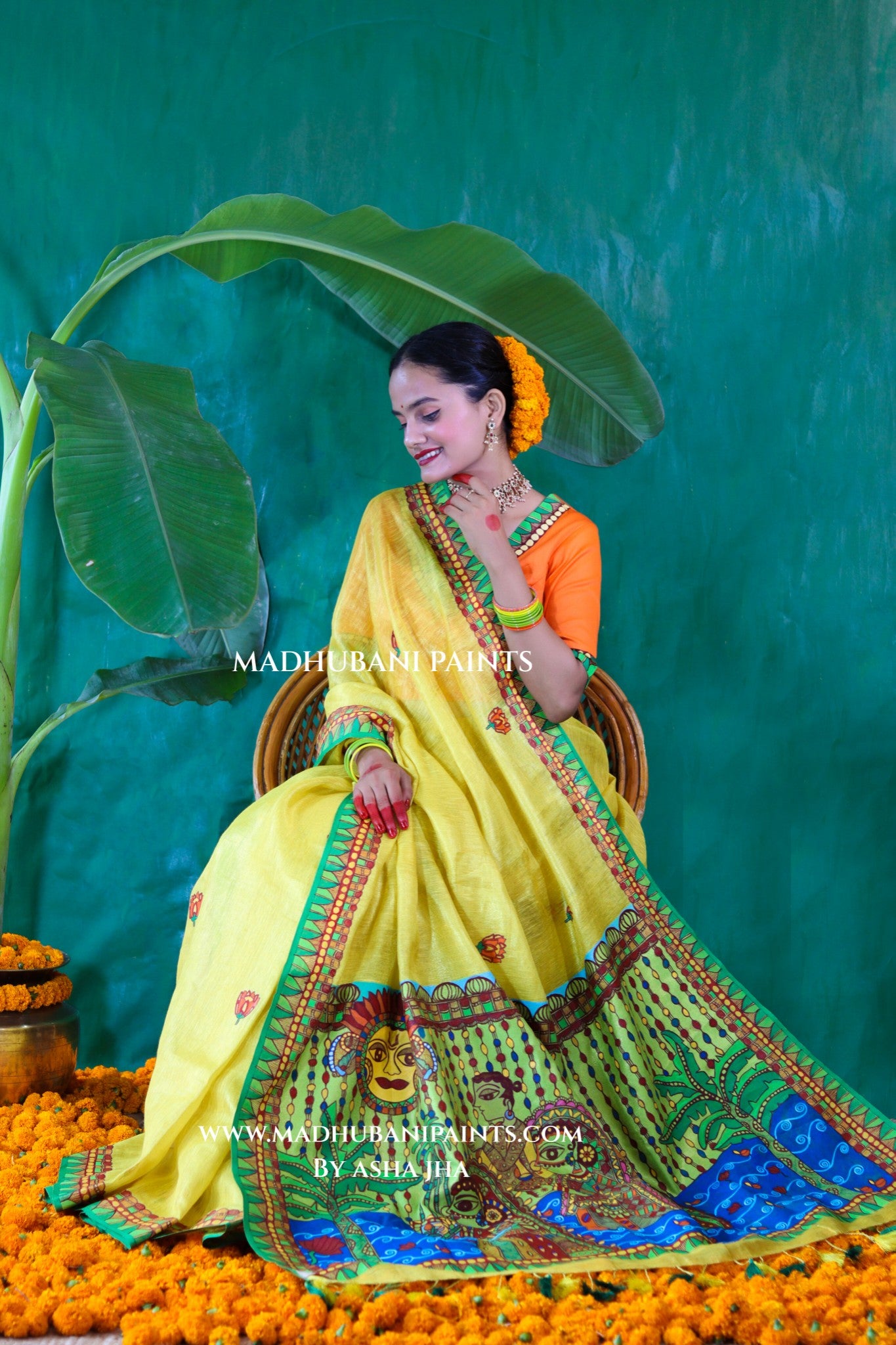 VRATI Chhath Puja Handpainted Madhubani Tissue Linen Saree