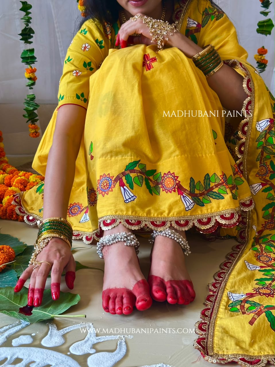 Madhushravani Yellow Bridal Hand-painted Madhubani Painting Cotton Saree
