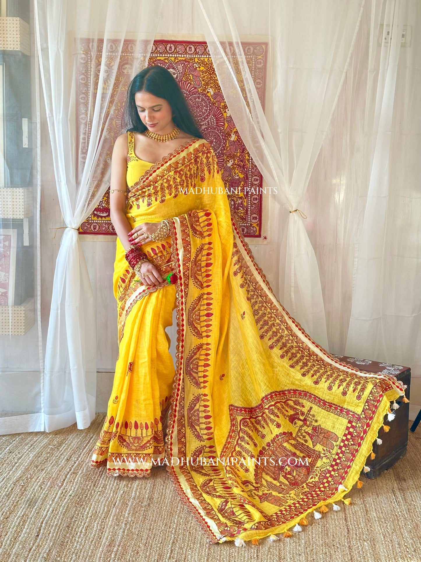 Haldi Bridal Hand-painted Madhubani Painting Saree Blouse Set