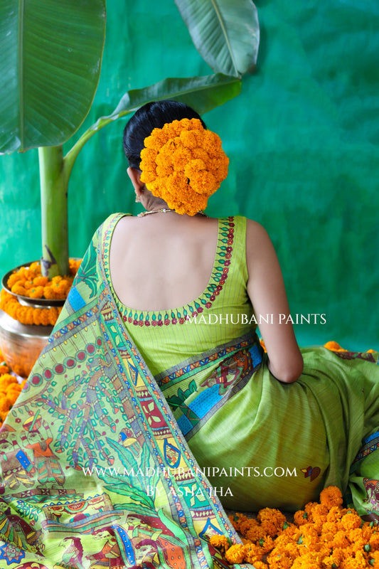 HARIYALI CHHATH Handpainted Madhubani Chanderi Saree Blouse Set