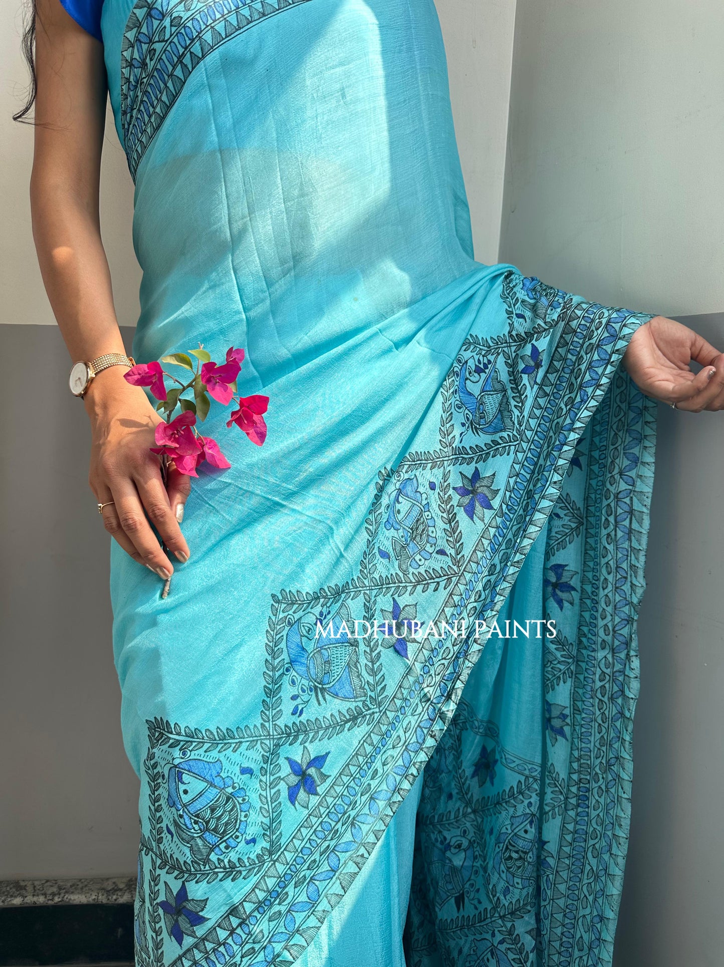 NEELAMBARI Hand-painted Madhubani Chiffon Saree Blouse Set
