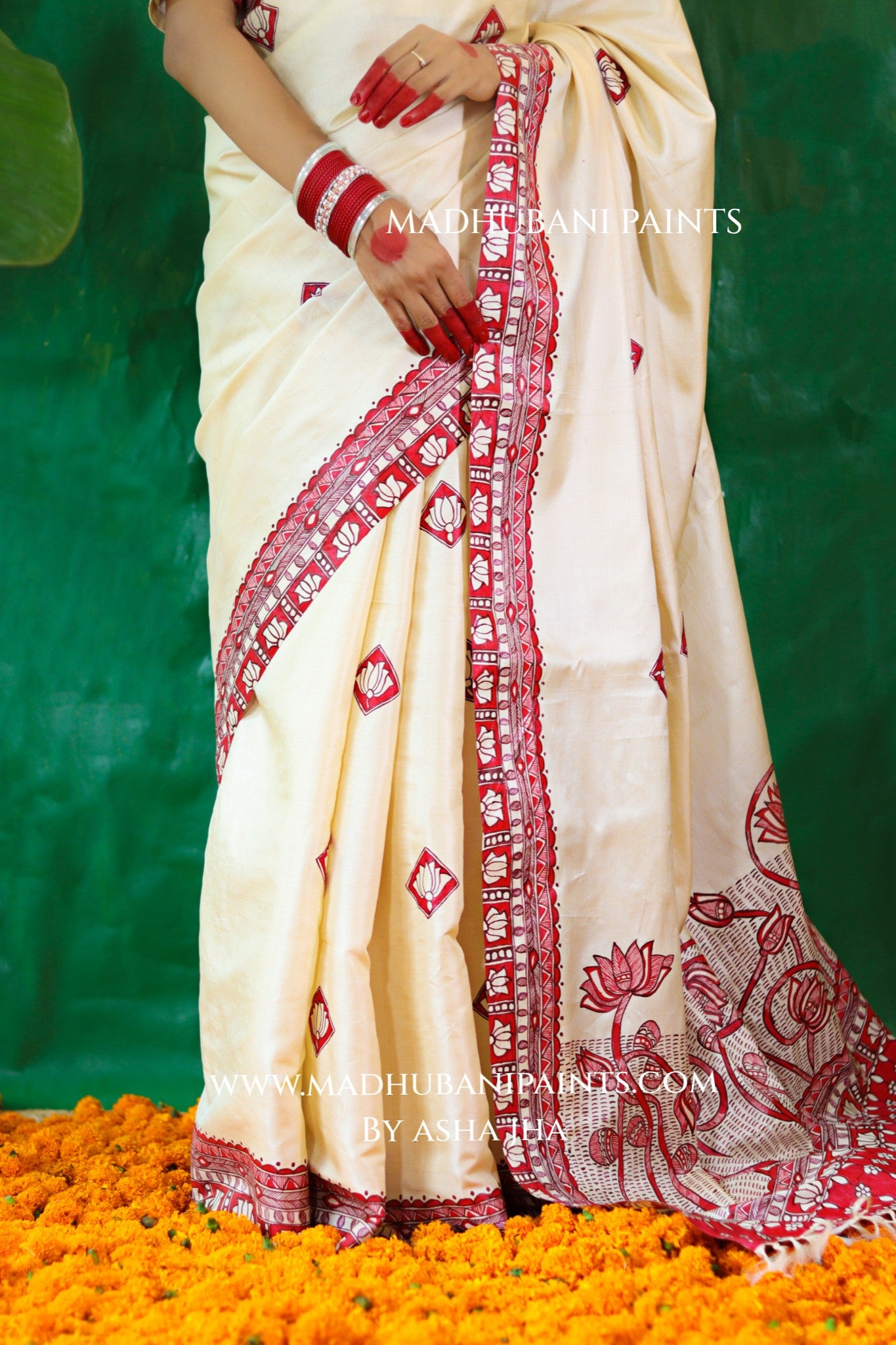 KAMALAKSHI Chhath Puja Handpainted Madhubani Tussar Silk Saree Blouse Set