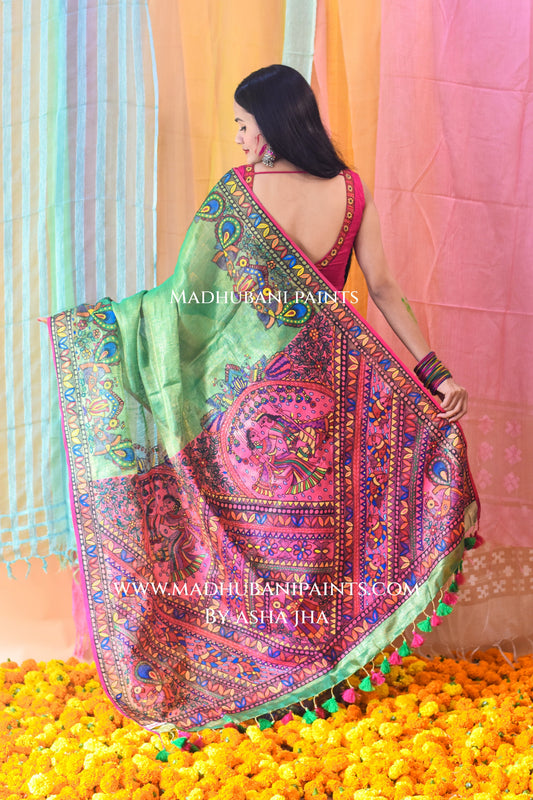 GULAL Hand-painted Madhubani Tissue Linen Saree Blouse Set