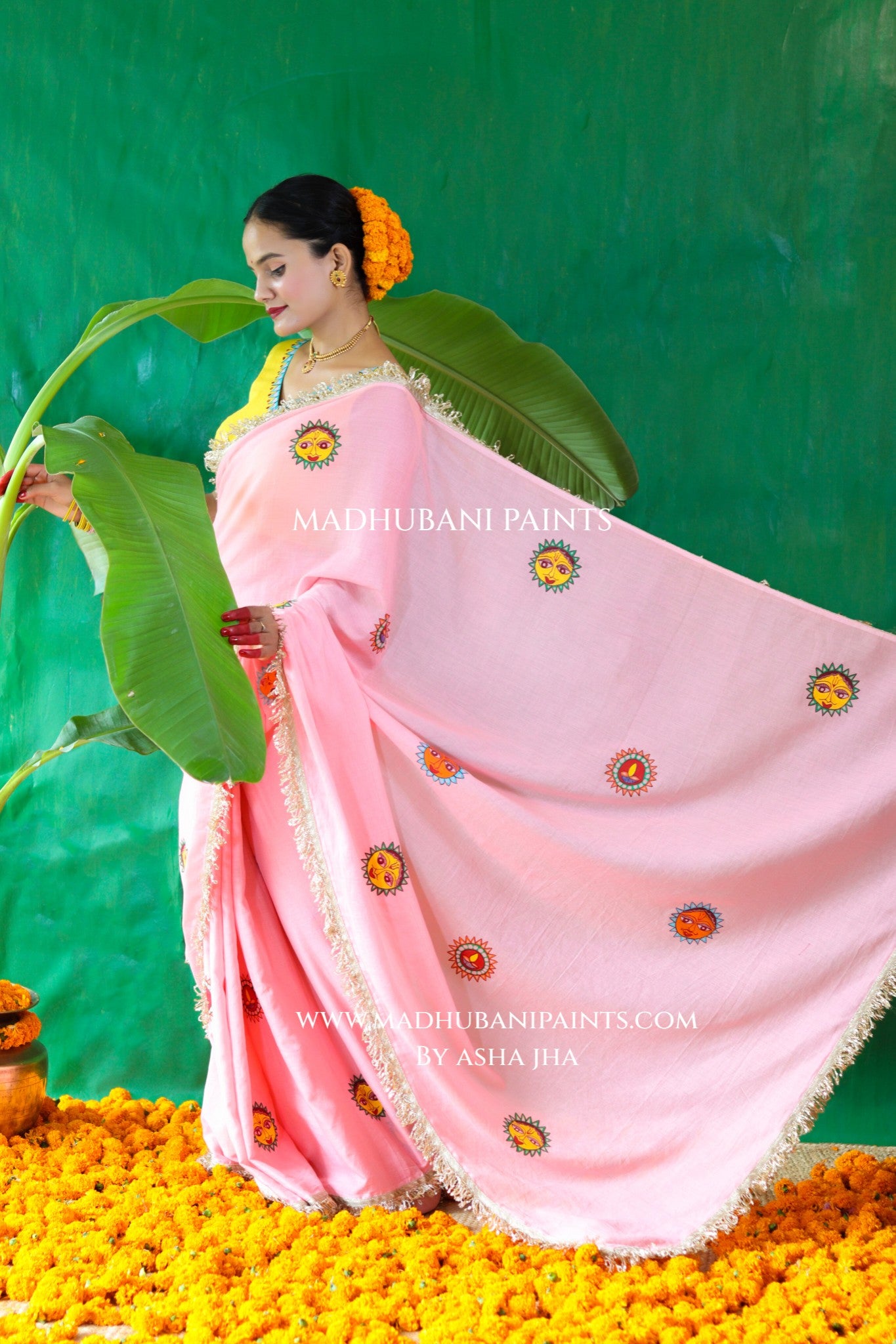 SURYA Chhath Puja Handpainted Madhubani Mul Cotton Saree