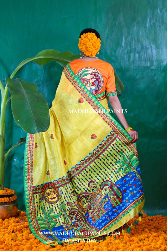 VRATI Chhath Puja Handpainted Madhubani Tissue Linen Saree Blouse Set