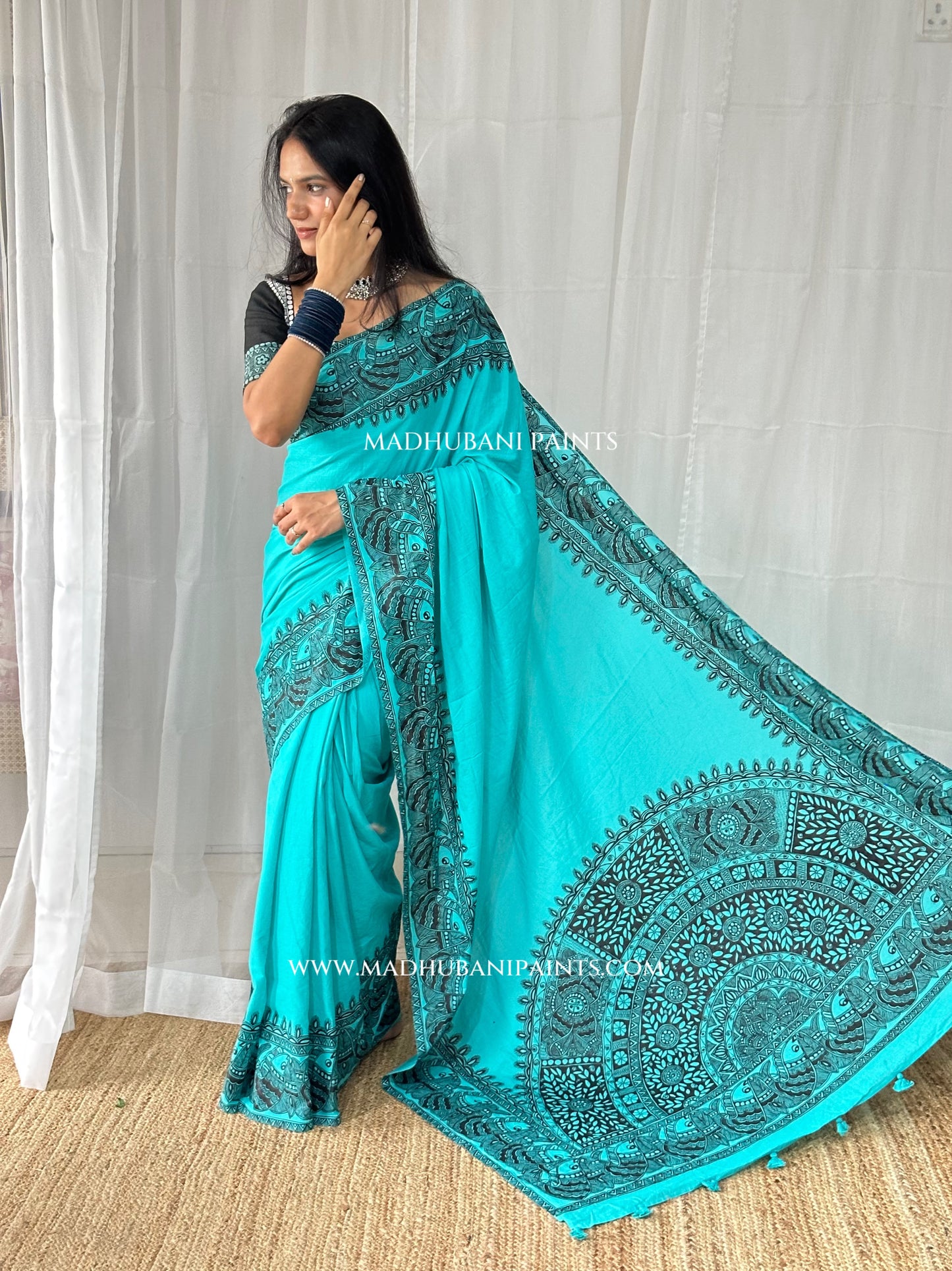 Aasmani Shringar Hand-painted Madhubani Painting Cotton Saree