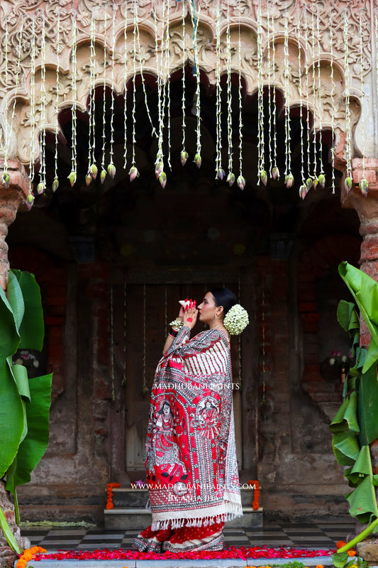 TRINETRA Handpainted Tussar Silk Madhubani Saree Blouse Set