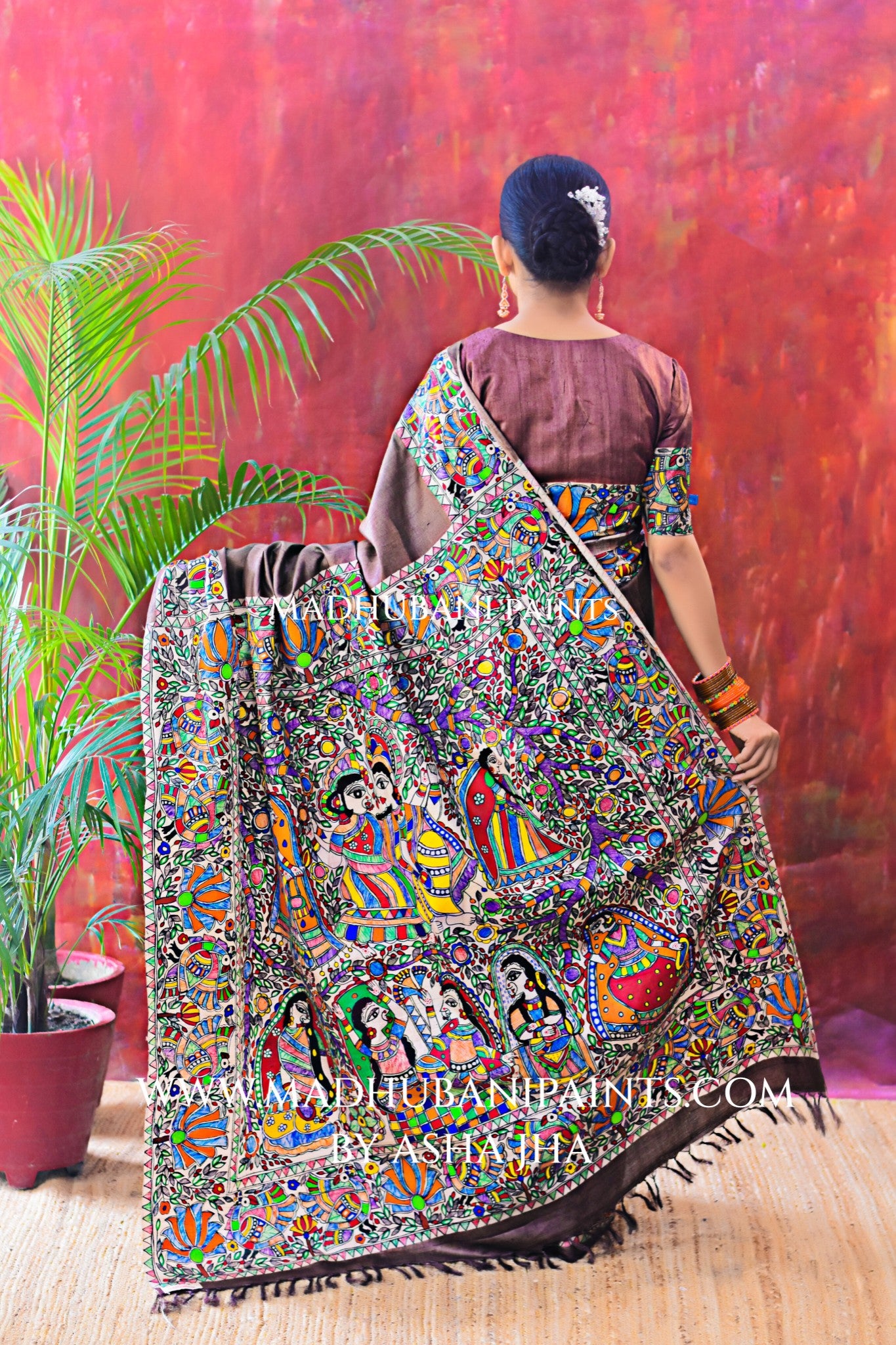 RADHA KRISHNA VRINDAVAN Hand-painted Madhubani Tussar Silk Saree
