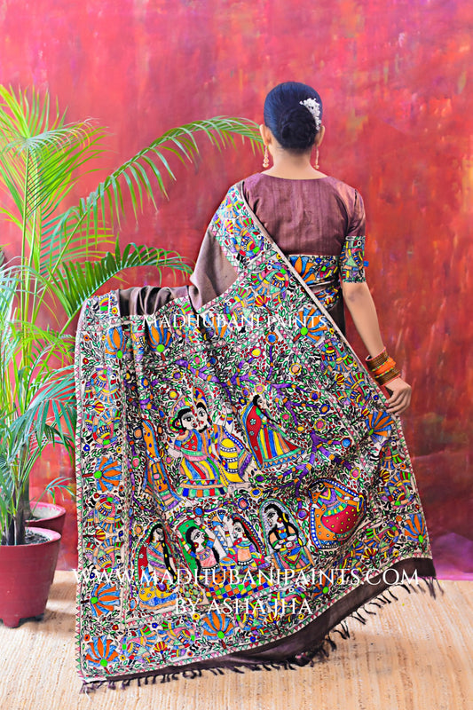 RADHA KRISHNA VRINDAVAN Hand-painted Madhubani Tussar Silk Saree