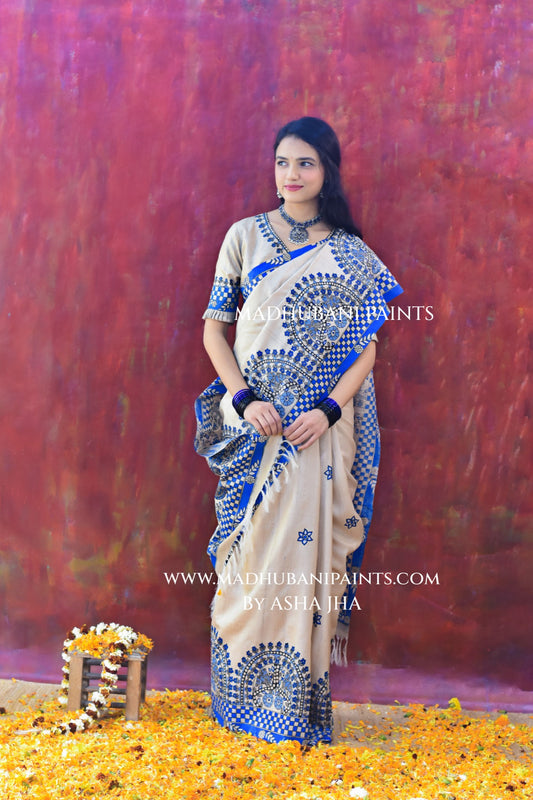 'NEELAKANTH' Tussar Silk Hand-Painted Madhubani Saree Blouse set