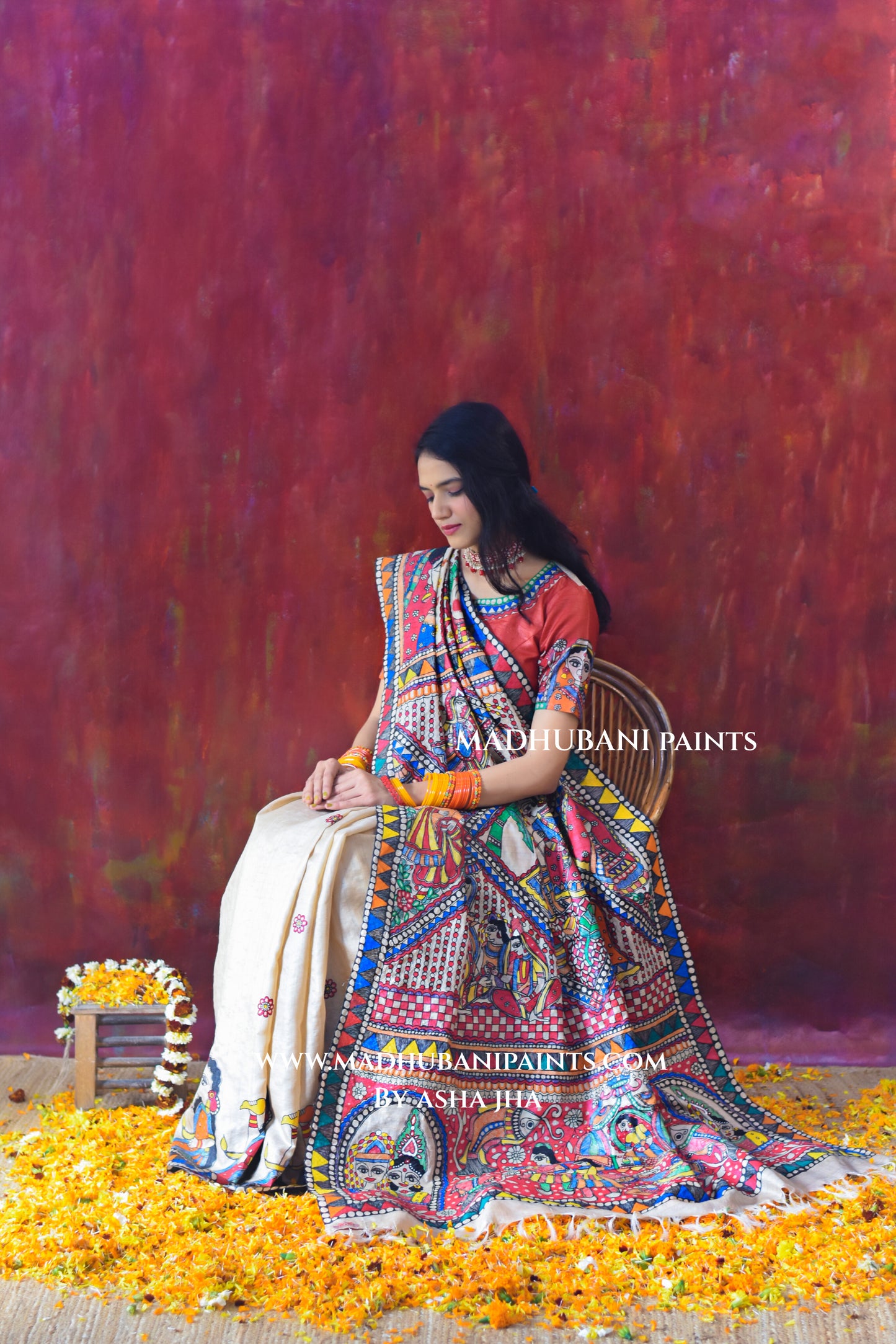 Bengali Vivah Hand-painted Madhubani Tussar Silk Saree